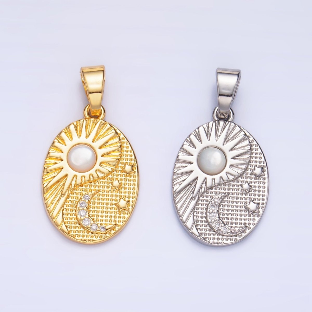 24K Gold plated Shell Pearl Celestial Moon Star Sun Sunburst Oval Pendant in Gold & Silver | AA1021