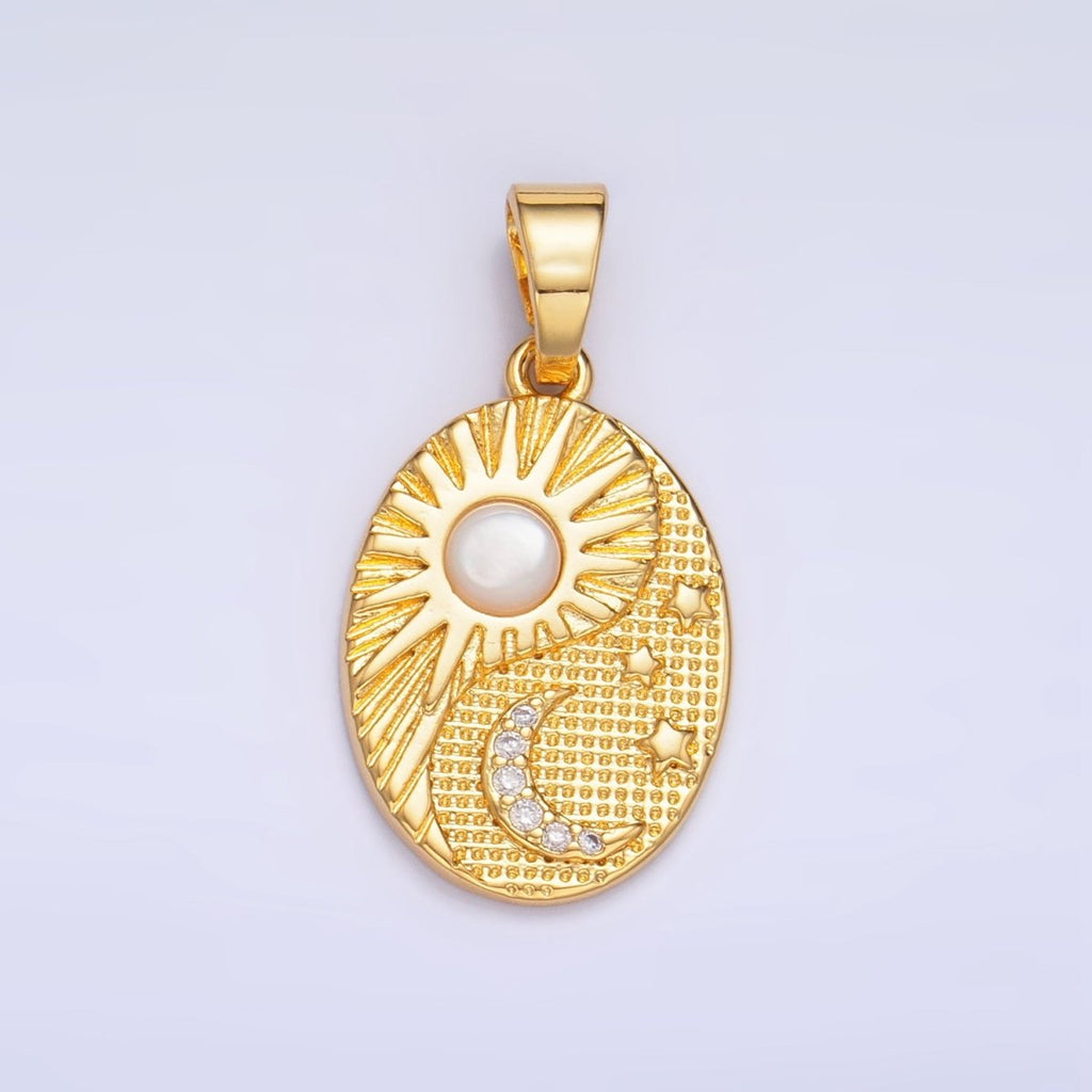 24K Gold plated Shell Pearl Celestial Moon Star Sun Sunburst Oval Pendant in Gold & Silver | AA1021