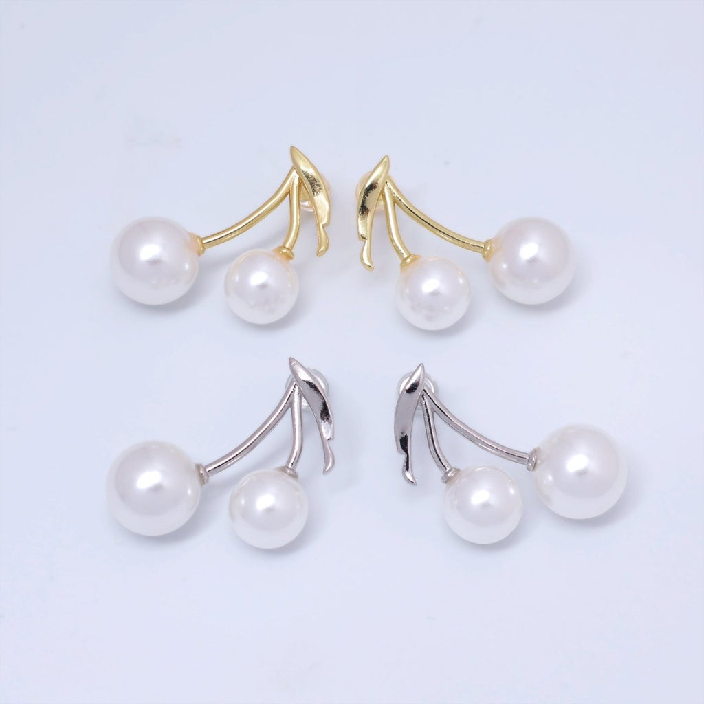 24K Gold plated Shell Pearl Cherry Fruit Stud Earrings in Gold & Silver | AB868 - DLUXCA