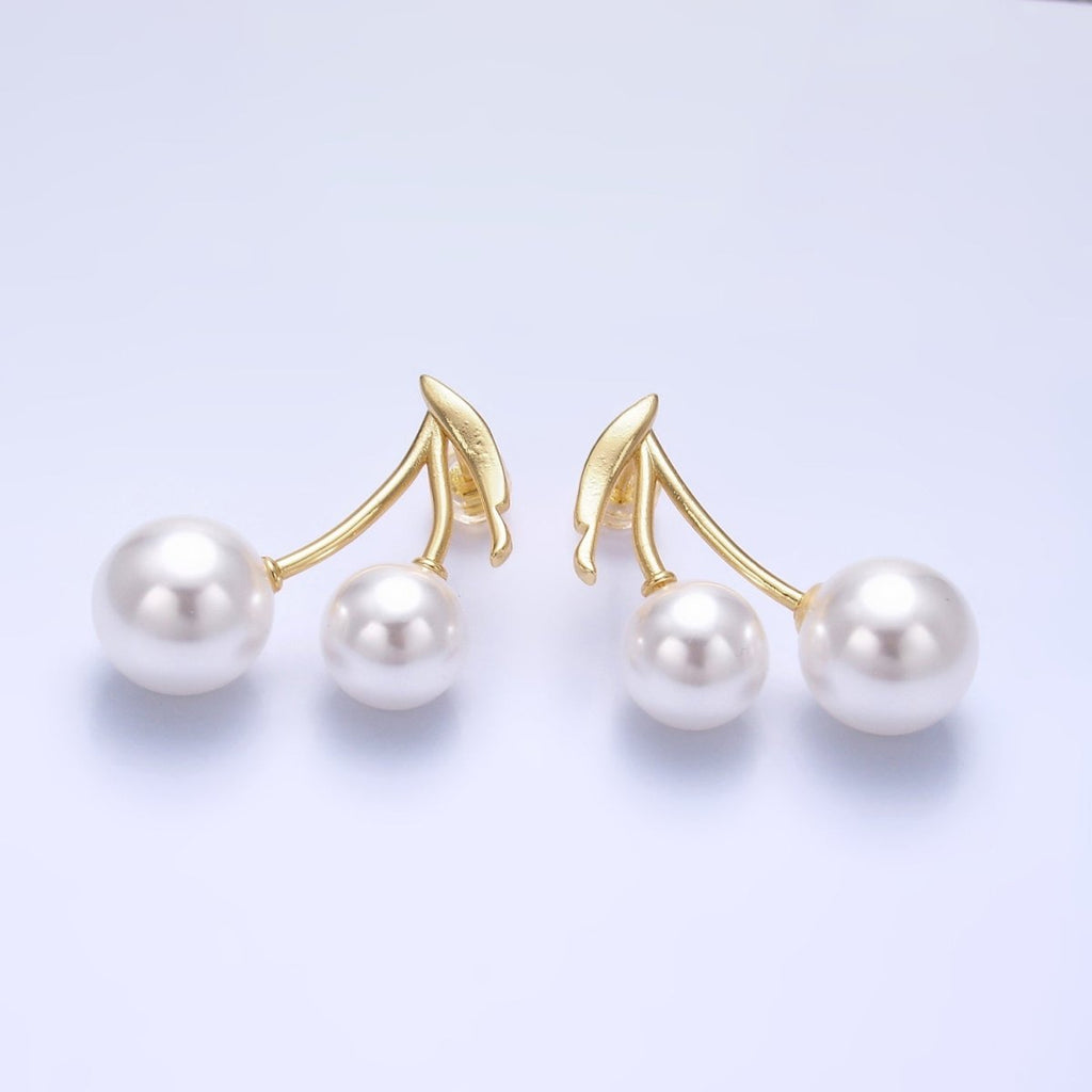 24K Gold plated Shell Pearl Cherry Fruit Stud Earrings in Gold & Silver | AB868 - DLUXCA