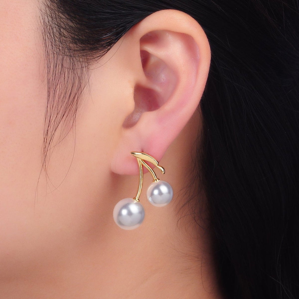 24K Gold plated Shell Pearl Cherry Fruit Stud Earrings in Gold & Silver | AB868 - DLUXCA
