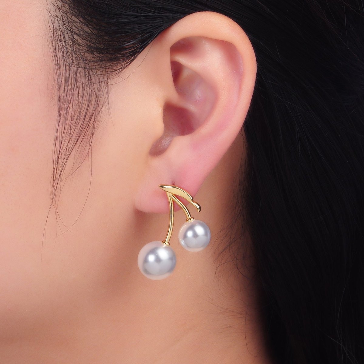 24K Gold plated Shell Pearl Cherry Fruit Stud Earrings in Gold & Silver | AB868 - DLUXCA