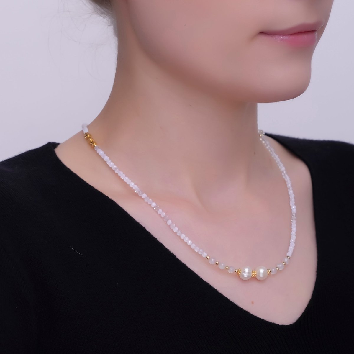 24K Gold plated Shell Pearl Clear Multifaceted Crystal Gemstone 18 Inch Necklace | WA - 2877 