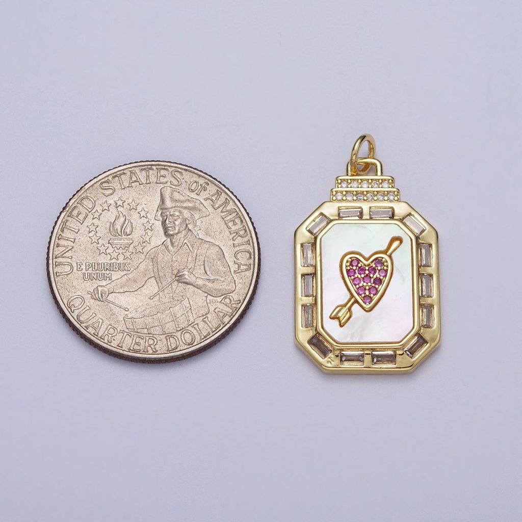 24K Gold plated Shell Pearl Cupid Arrowed Heart Micro Paved Baguette CZ Octagonal Charm | C-209 - DLUXCA