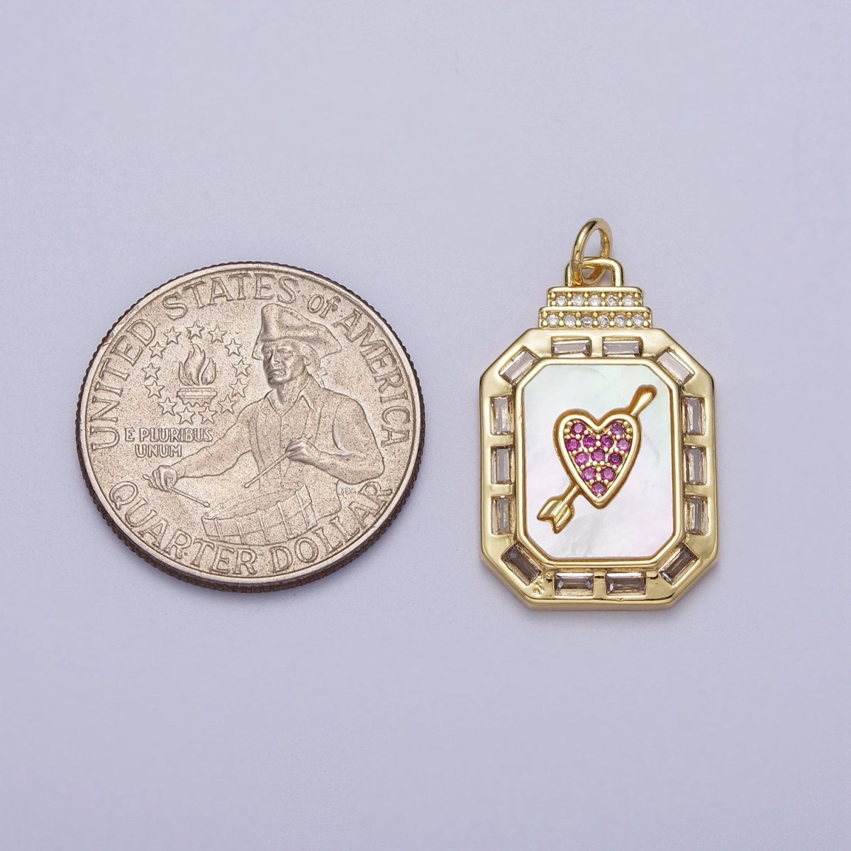 24K Gold plated Shell Pearl Cupid Arrowed Heart Micro Paved Baguette CZ Octagonal Charm | C-209 - DLUXCA