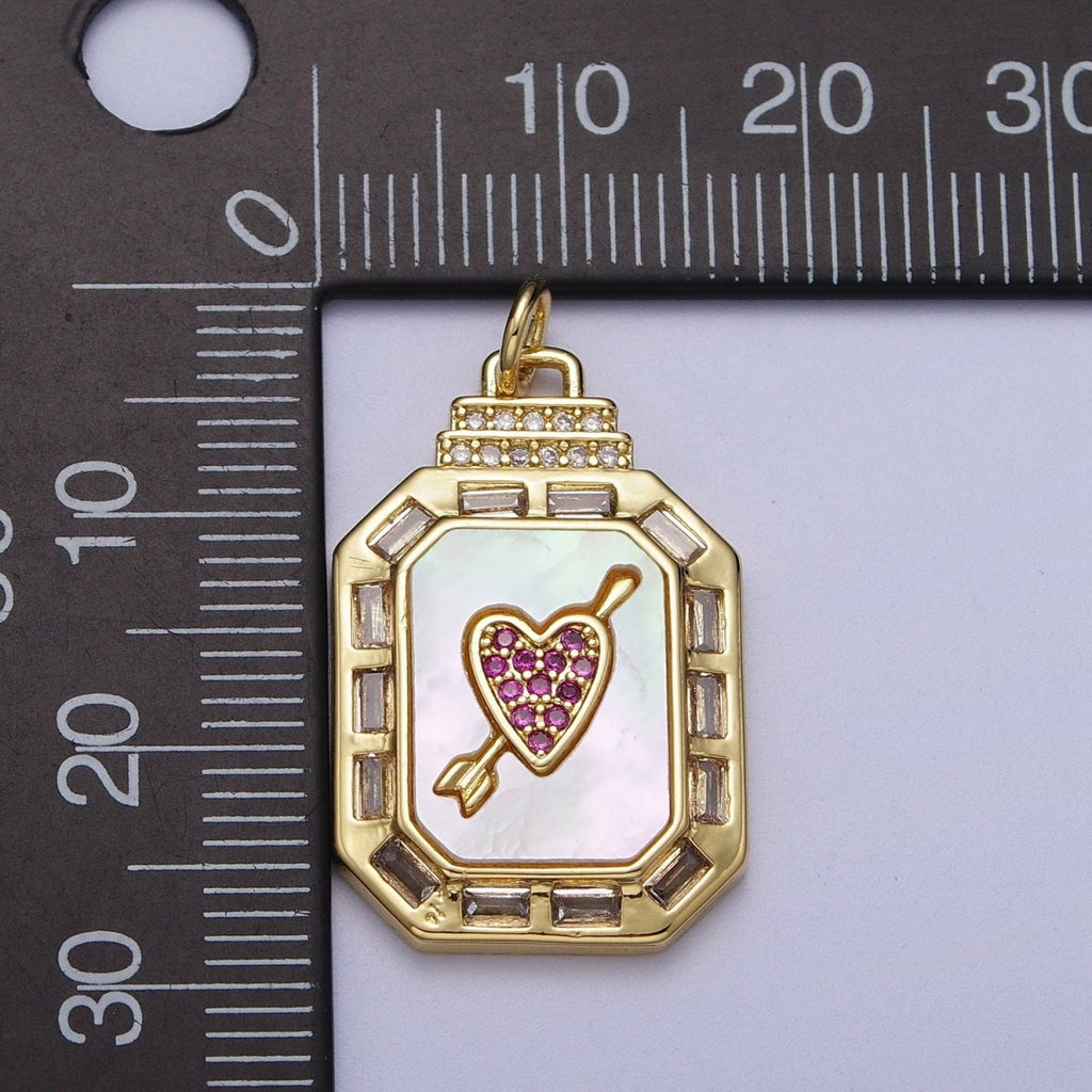24K Gold plated Shell Pearl Cupid Arrowed Heart Micro Paved Baguette CZ Octagonal Charm | C-209 - DLUXCA