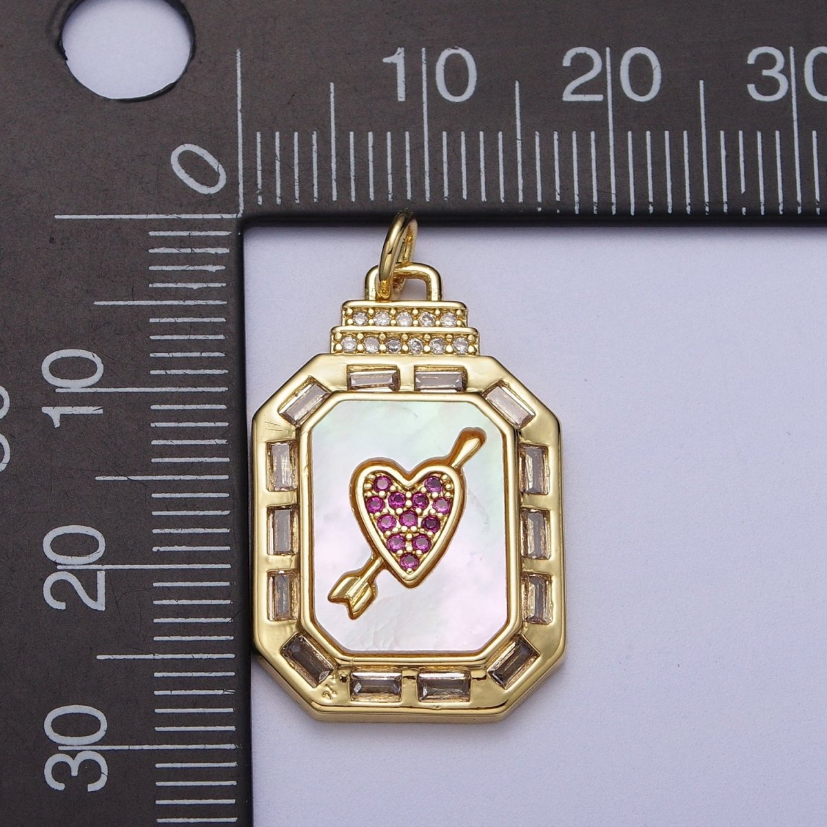 24K Gold plated Shell Pearl Cupid Arrowed Heart Micro Paved Baguette CZ Octagonal Charm | C-209 - DLUXCA