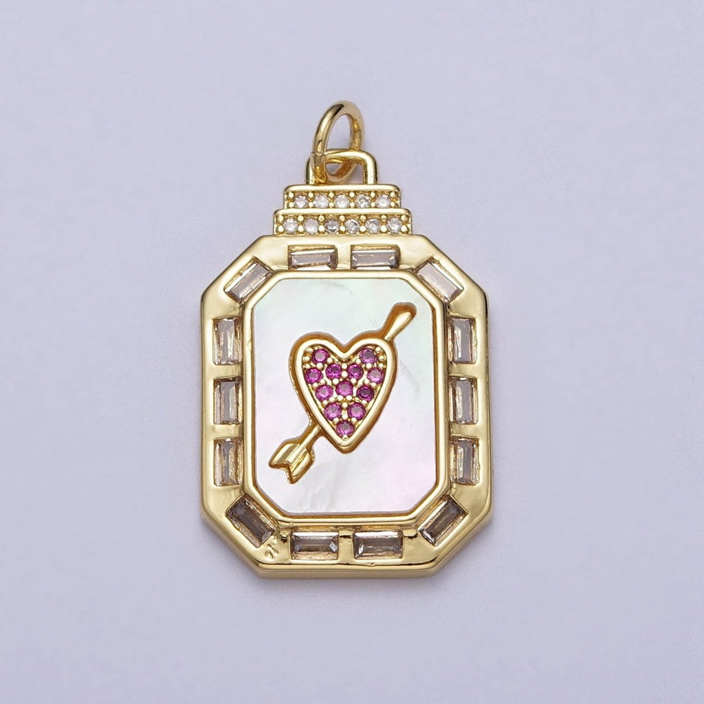 24K Gold plated Shell Pearl Cupid Arrowed Heart Micro Paved Baguette CZ Octagonal Charm | C-209 - DLUXCA