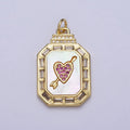 24K Gold plated Shell Pearl Cupid Arrowed Heart Micro Paved Baguette CZ Octagonal Charm | C-209 - DLUXCA