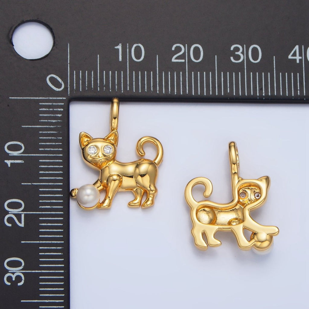 24K Gold plated Shell Pearl CZ Cat Pet Animal Pendant | AA941 - DLUXCA