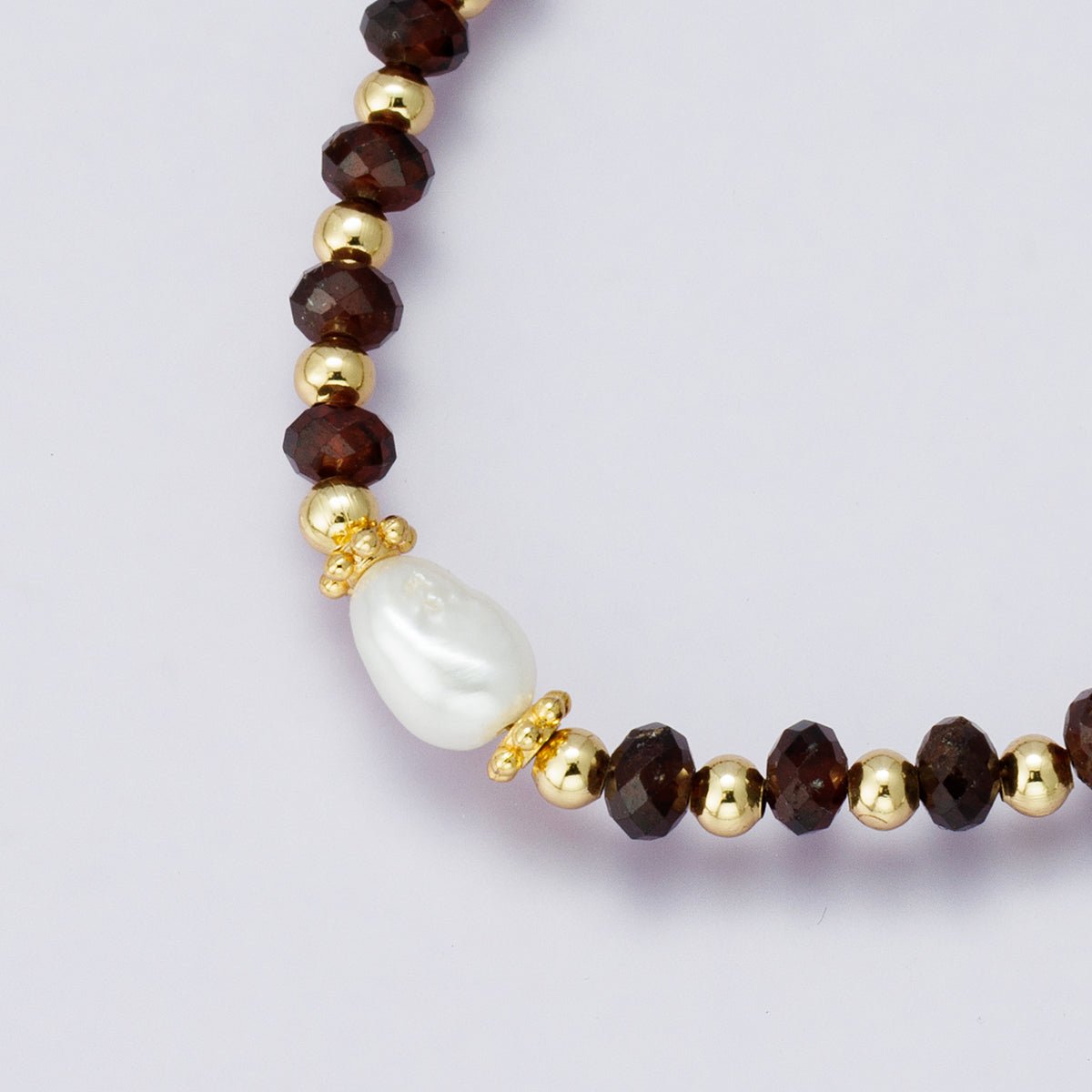 24K Gold plated Shell Pearl Dark Red Multifaceted Gemstone 7.5 Inch Bracelet | WA - 2892 - DLUXCA