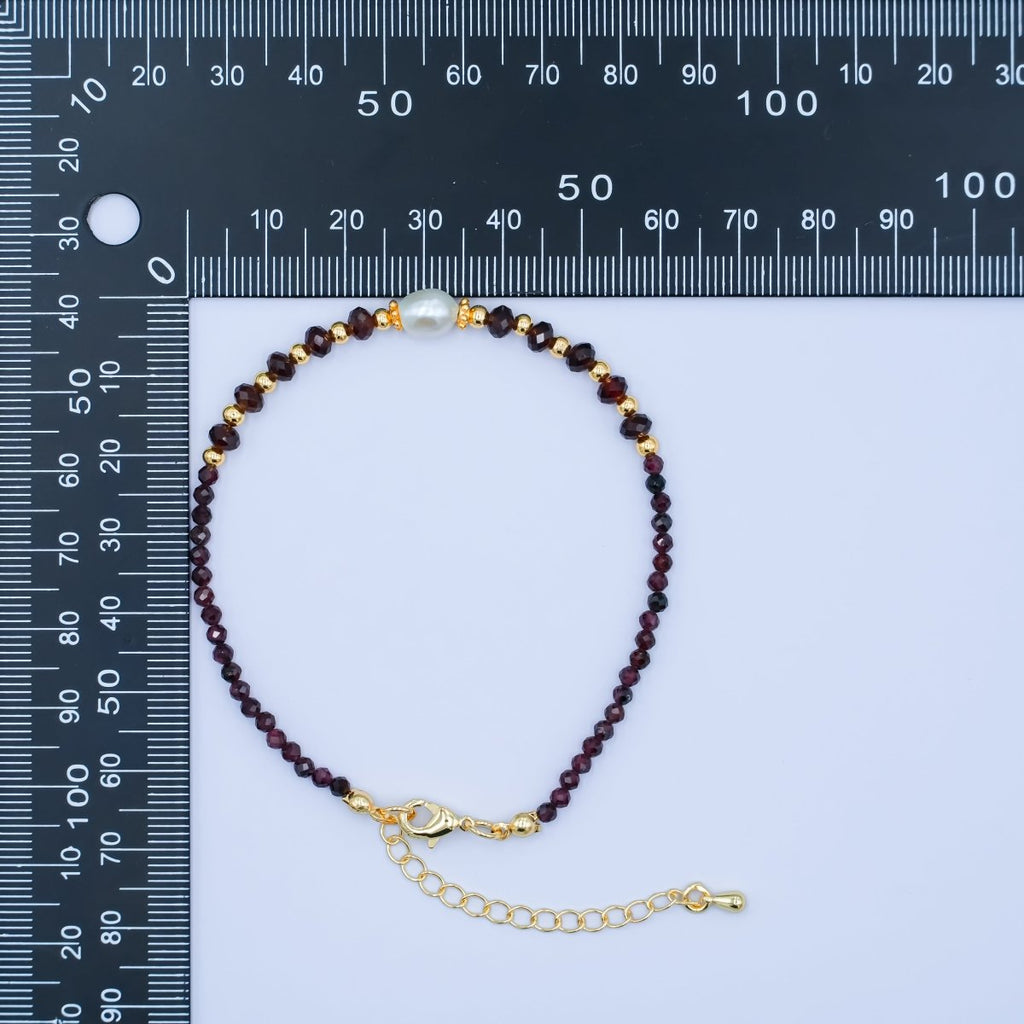 24K Gold plated Shell Pearl Dark Red Multifaceted Gemstone 7.5 Inch Bracelet | WA-2892