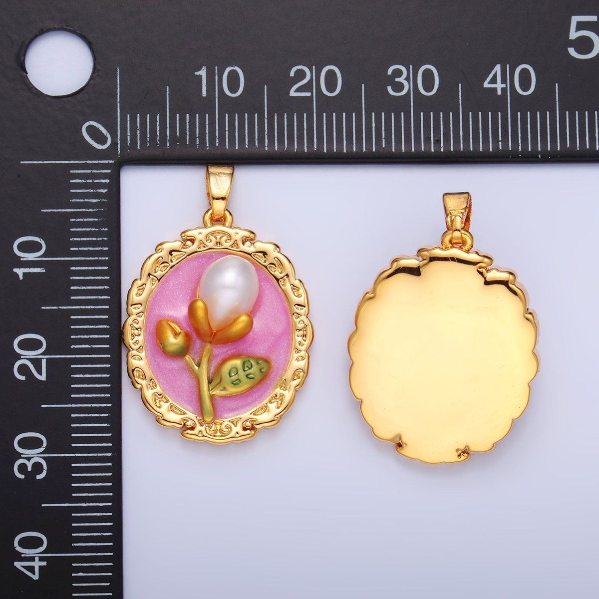 24K Gold plated Shell Pearl Flower Pink Enamel Pendant | AA1075 - DLUXCA
