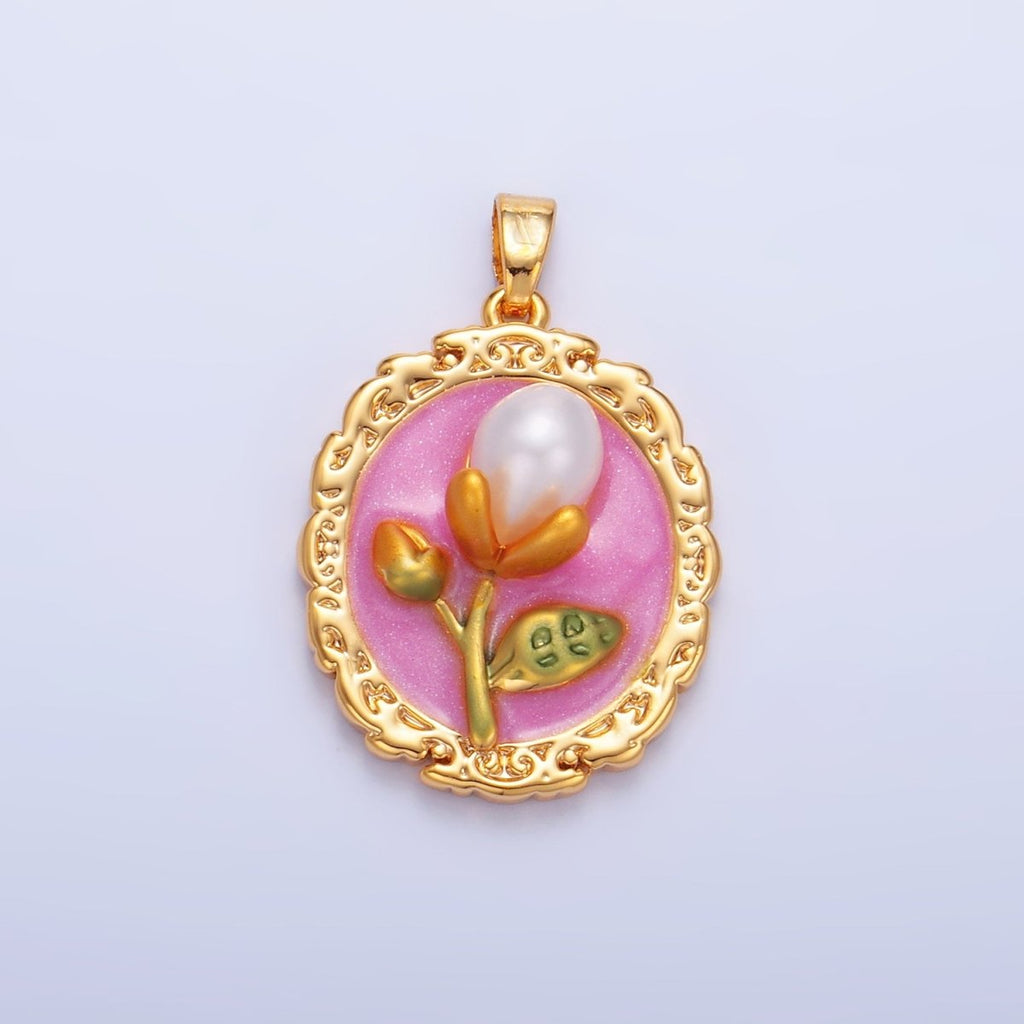 24K Gold plated Shell Pearl Flower Pink Enamel Pendant | AA1075 - DLUXCA