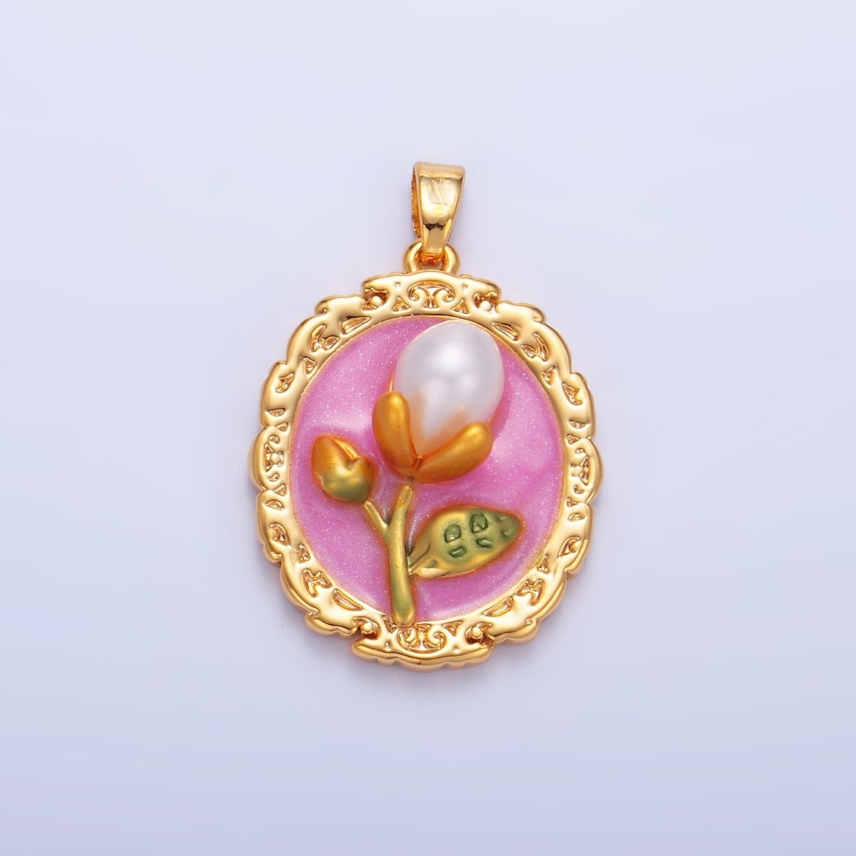 24K Gold plated Shell Pearl Flower Pink Enamel Pendant | AA1075 - DLUXCA