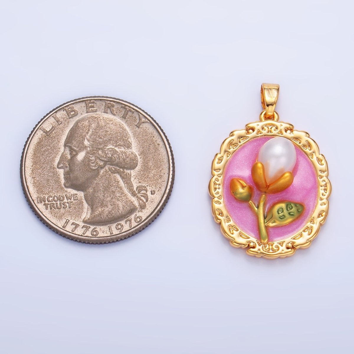 24K Gold plated Shell Pearl Flower Pink Enamel Pendant | AA1075 - DLUXCA
