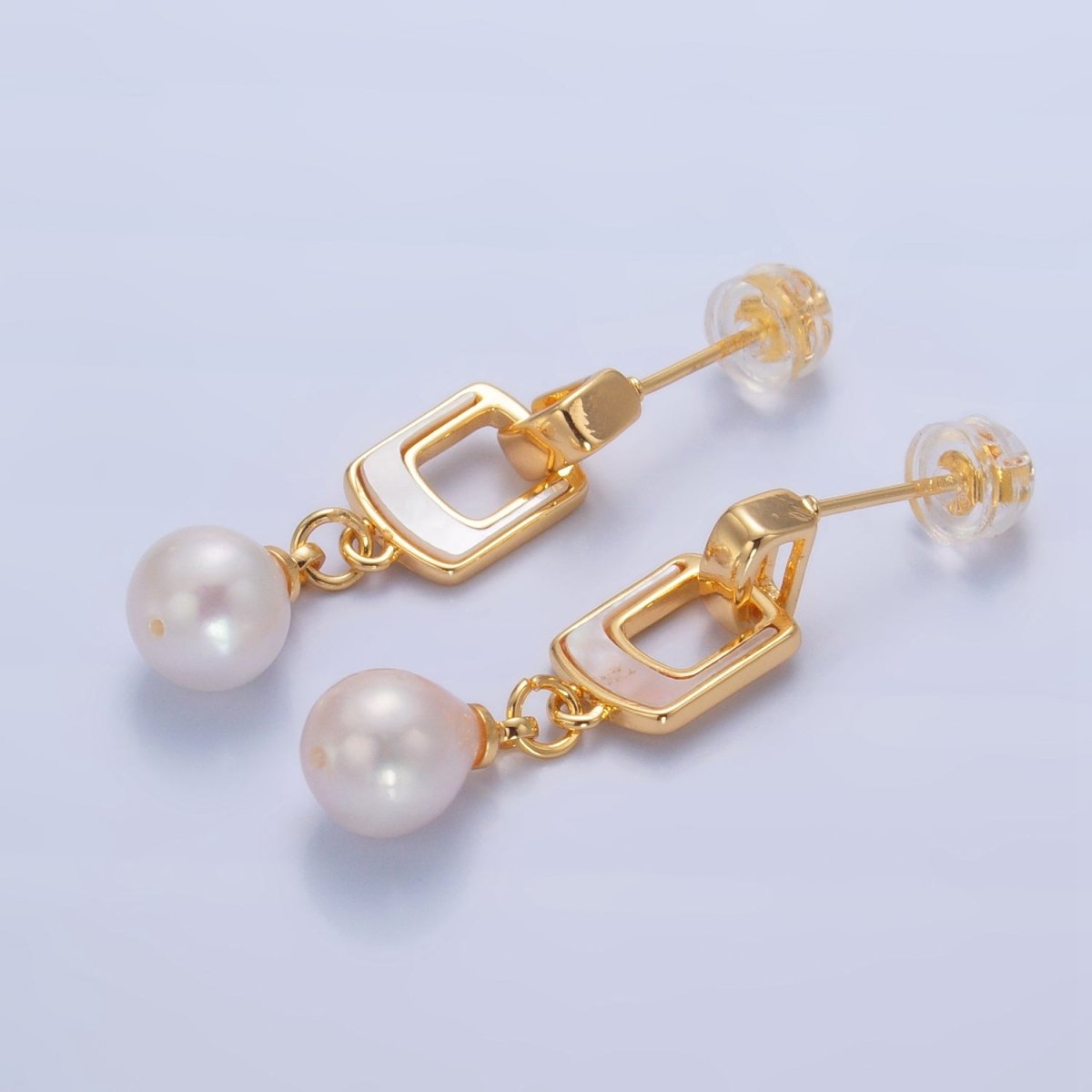 24K Gold plated Shell Pearl Geometric Drop Stud Earrings | AD284 - DLUXCA