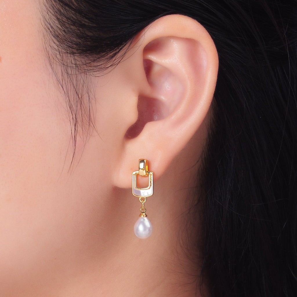 24K Gold plated Shell Pearl Geometric Drop Stud Earrings | AD284 - DLUXCA