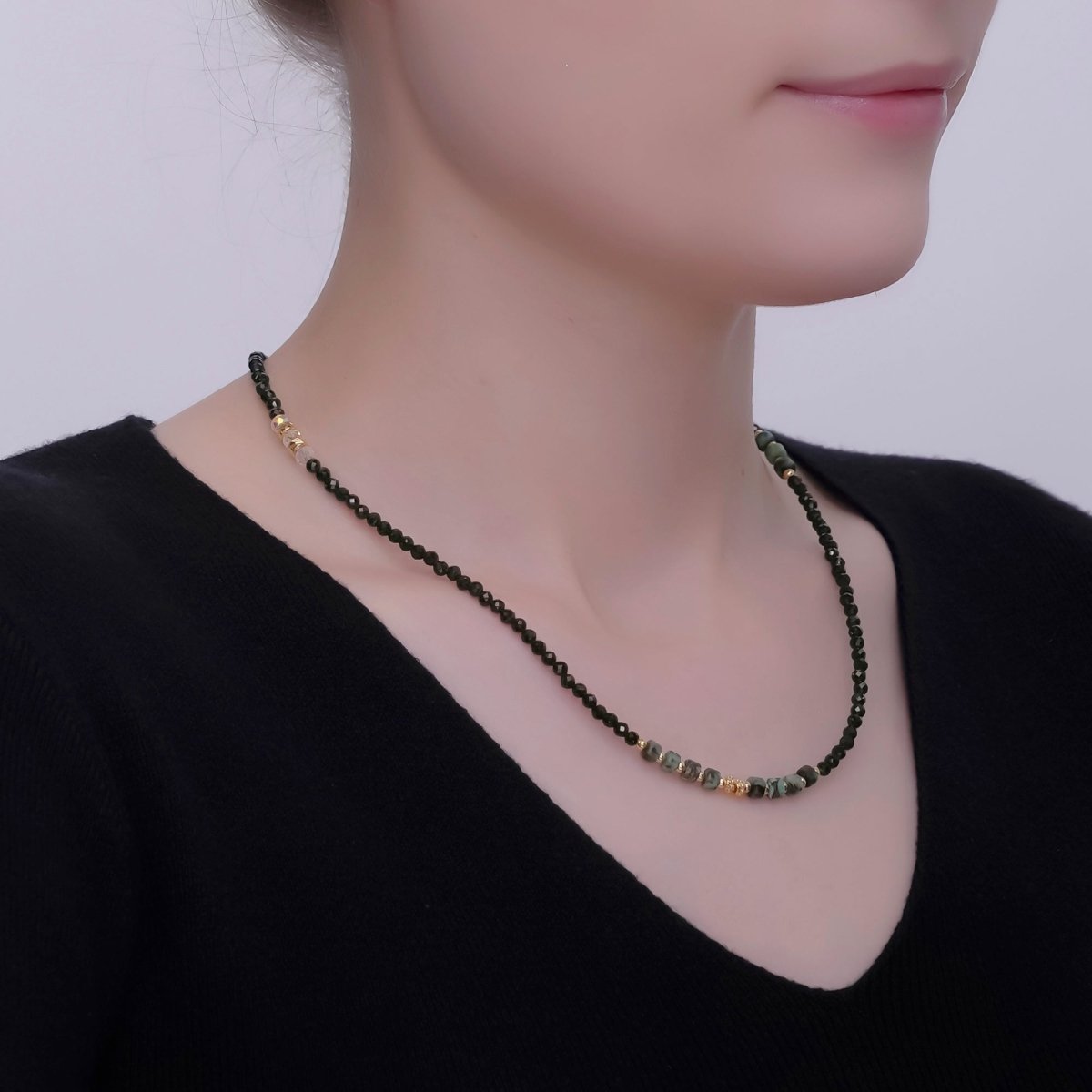 24K Gold plated Shell Pearl Malachite Green Gemstone Bead 18 Inch Necklace | WA - 2871 