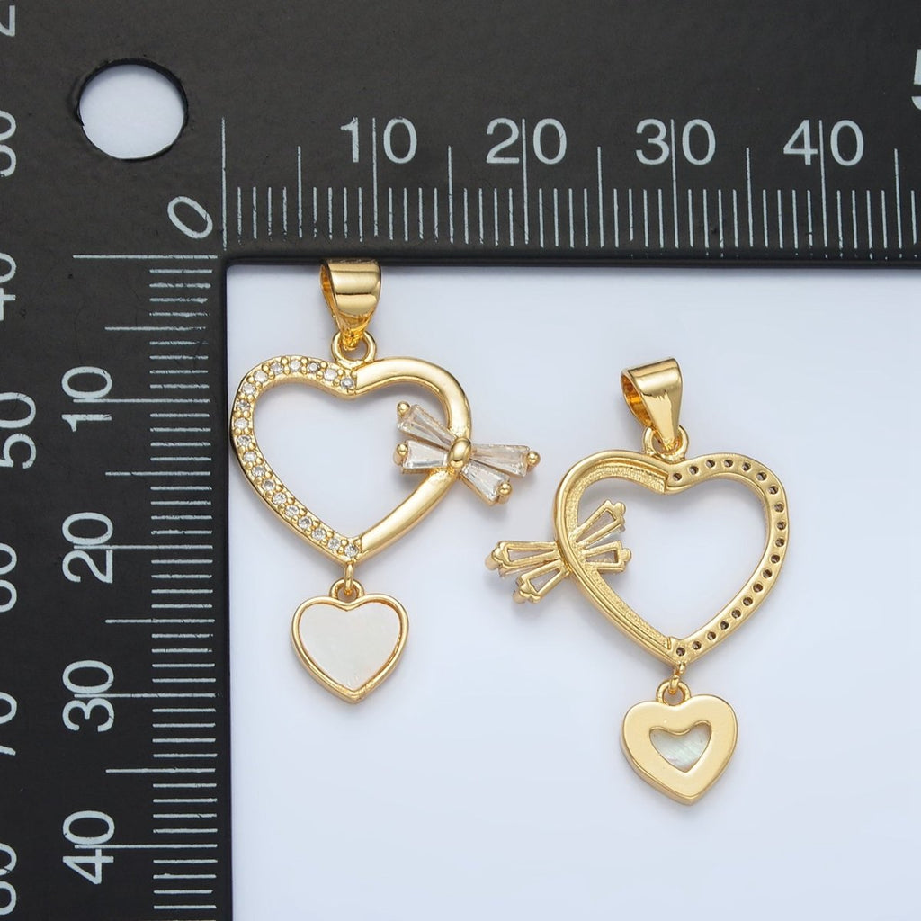 24K Gold plated Shell Pearl Micro Paved CZ Baguette Bow Heart Drop Pendant | AA866 - DLUXCA