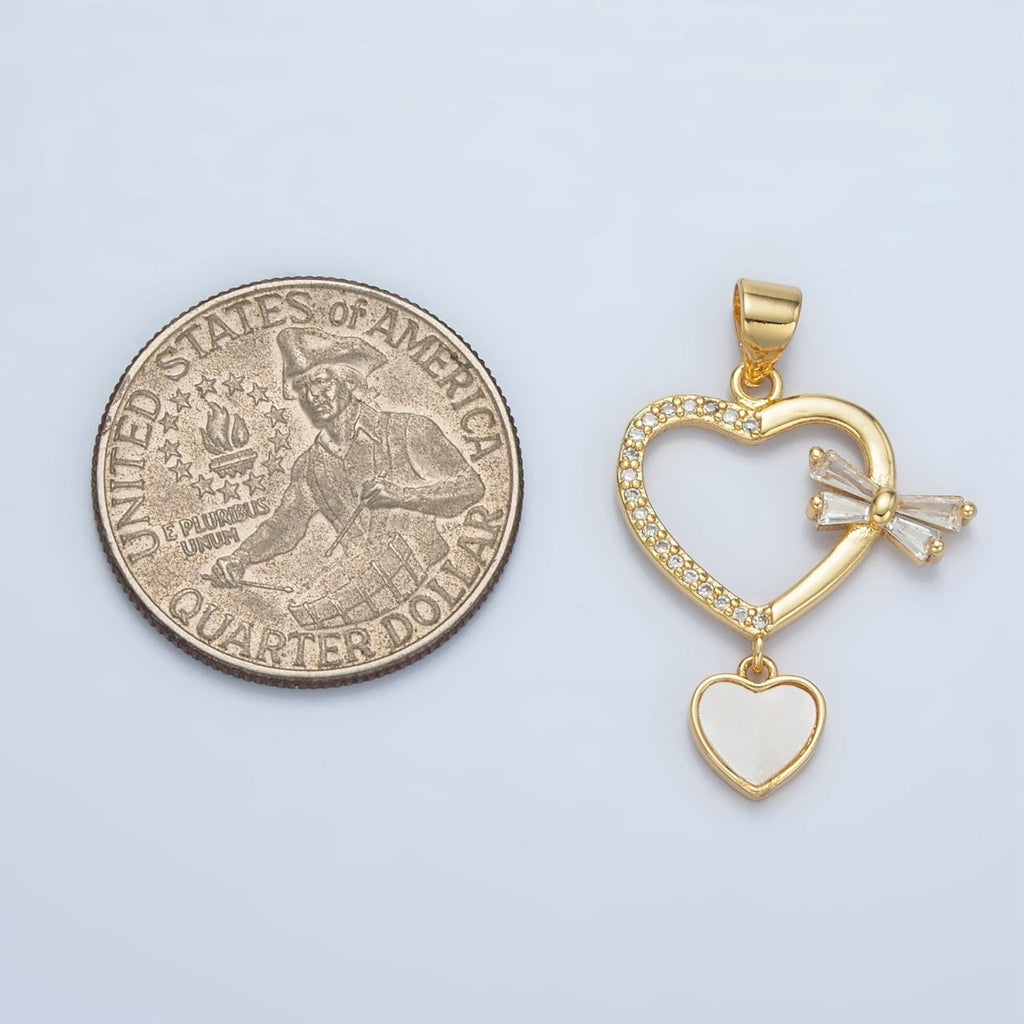 24K Gold plated Shell Pearl Micro Paved CZ Baguette Bow Heart Drop Pendant | AA866 - DLUXCA