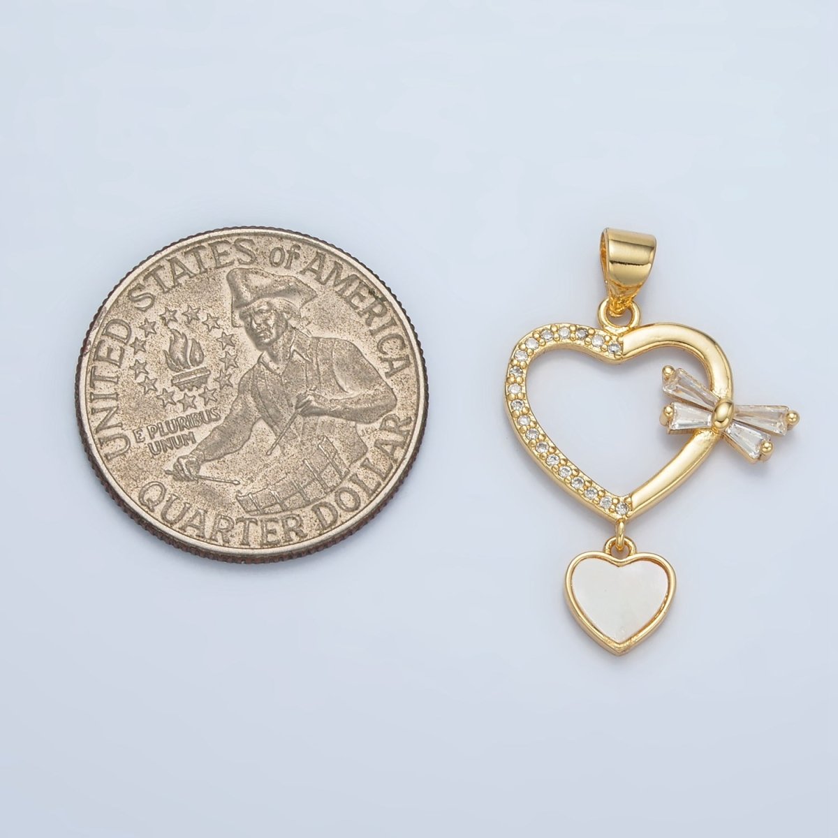 24K Gold plated Shell Pearl Micro Paved CZ Baguette Bow Heart Drop Pendant | AA866 - DLUXCA