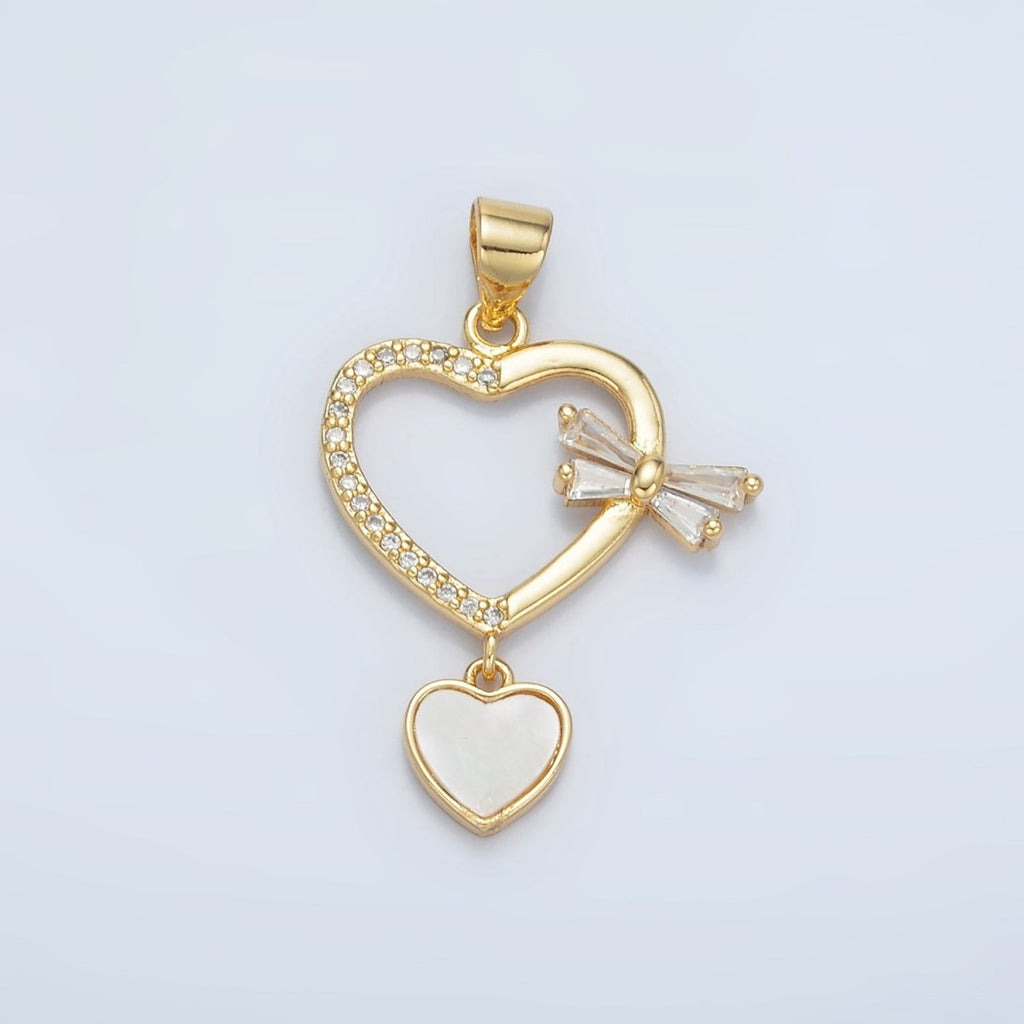 24K Gold plated Shell Pearl Micro Paved CZ Baguette Bow Heart Drop Pendant | AA866 - DLUXCA