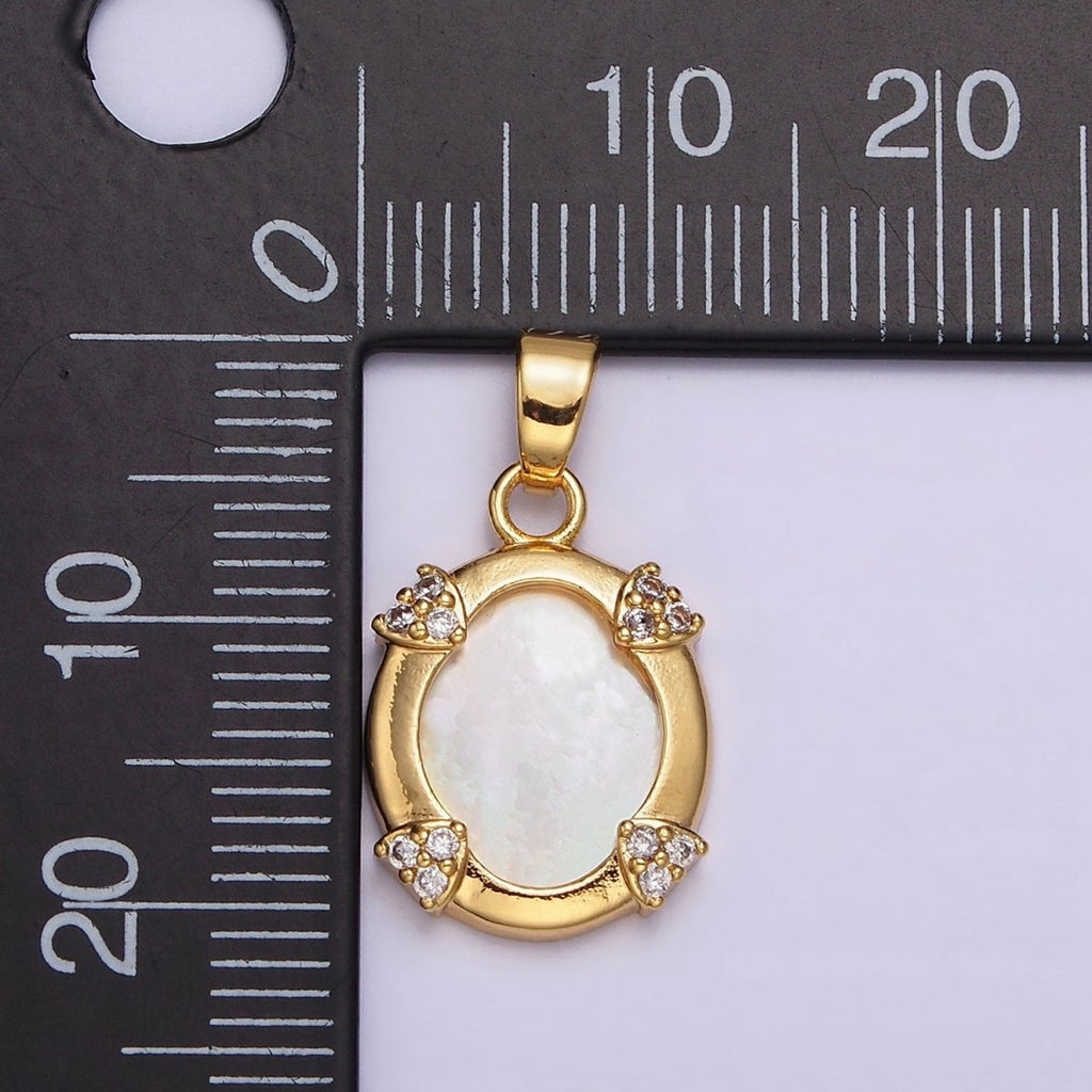 24K Gold plated Shell Pearl Micro Paved CZ Clip Frame Oval Pendant | AA578 - DLUXCA