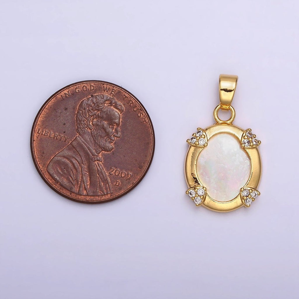 24K Gold plated Shell Pearl Micro Paved CZ Clip Frame Oval Pendant | AA578 - DLUXCA