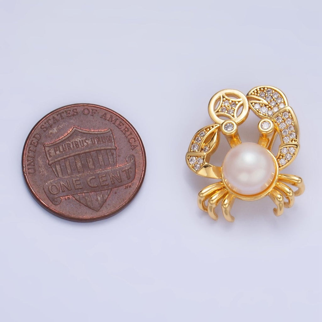 24K Gold plated Shell Pearl Micro Paved CZ Crab Animal Pendant | AA1035 - DLUXCA