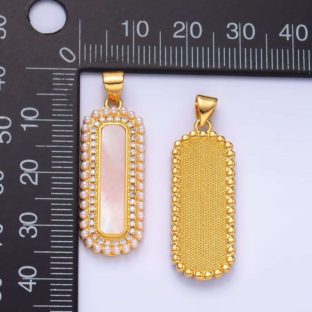 24K Gold plated Shell Pearl Micro Paved CZ Lined Rectangular Tag Pendant | AA1204 