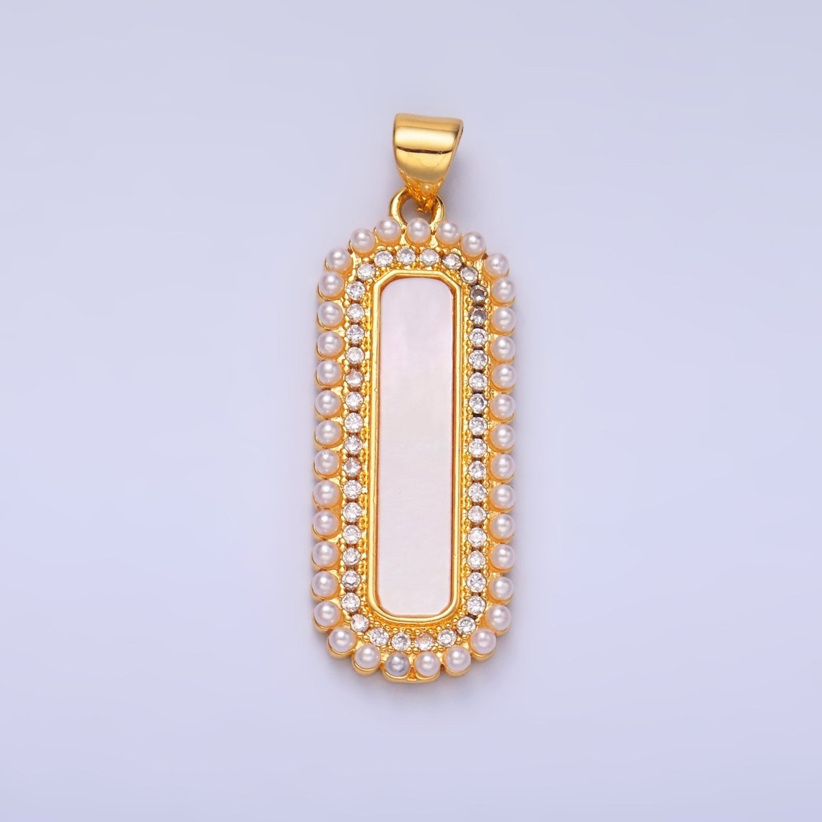 24K Gold plated Shell Pearl Micro Paved CZ Lined Rectangular Tag Pendant | AA1204 