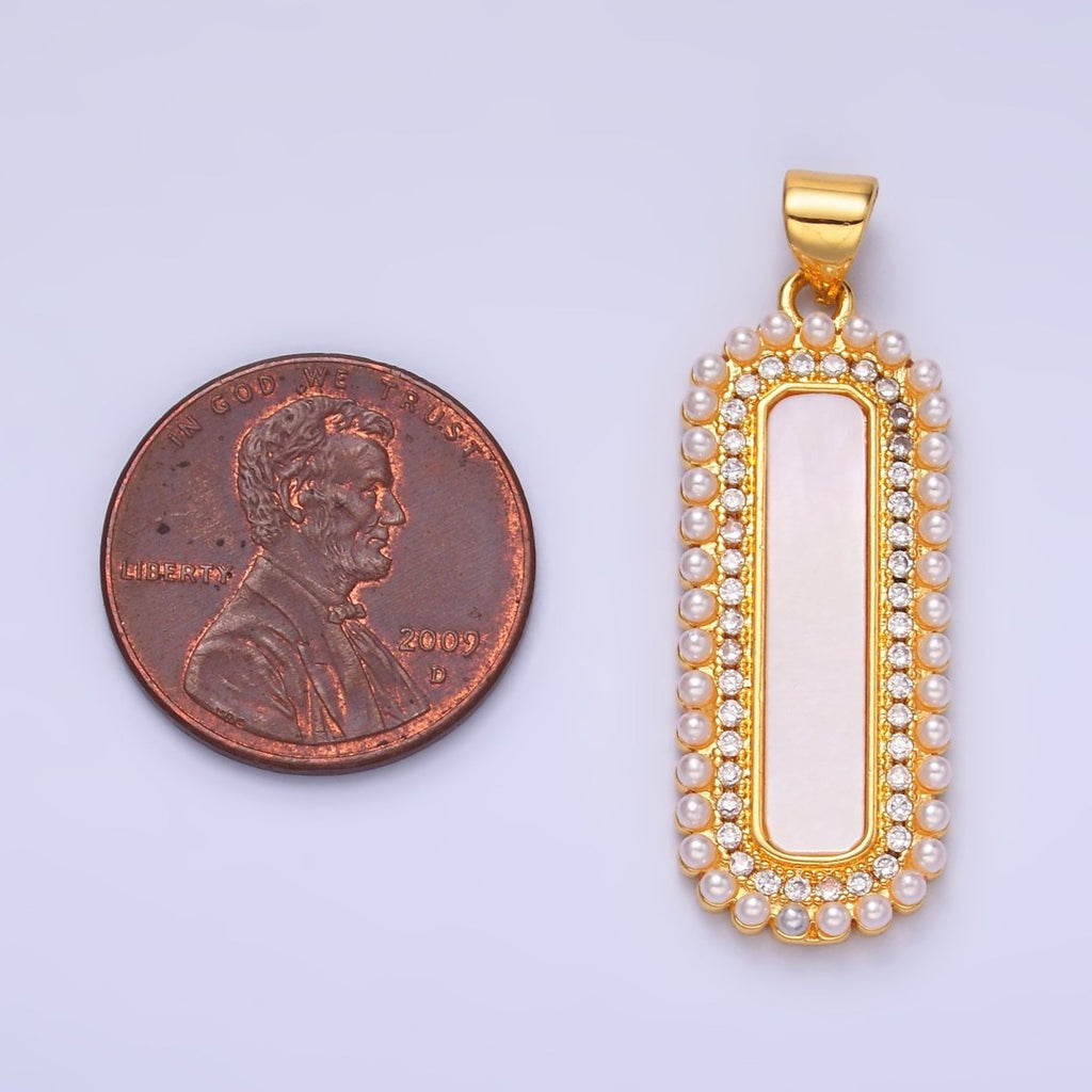 24K Gold plated Shell Pearl Micro Paved CZ Lined Rectangular Tag Pendant | AA1204 