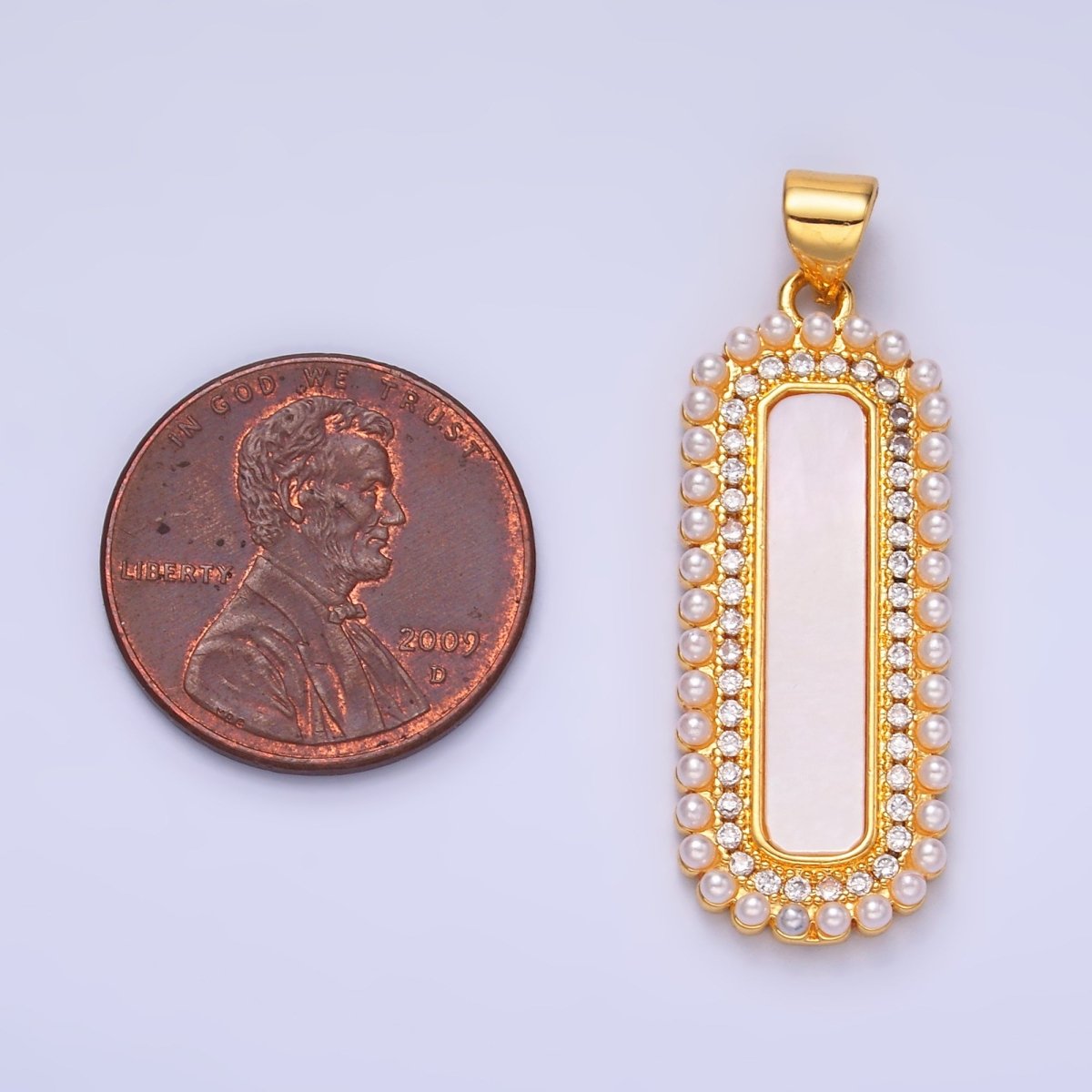 24K Gold plated Shell Pearl Micro Paved CZ Lined Rectangular Tag Pendant | AA1204 