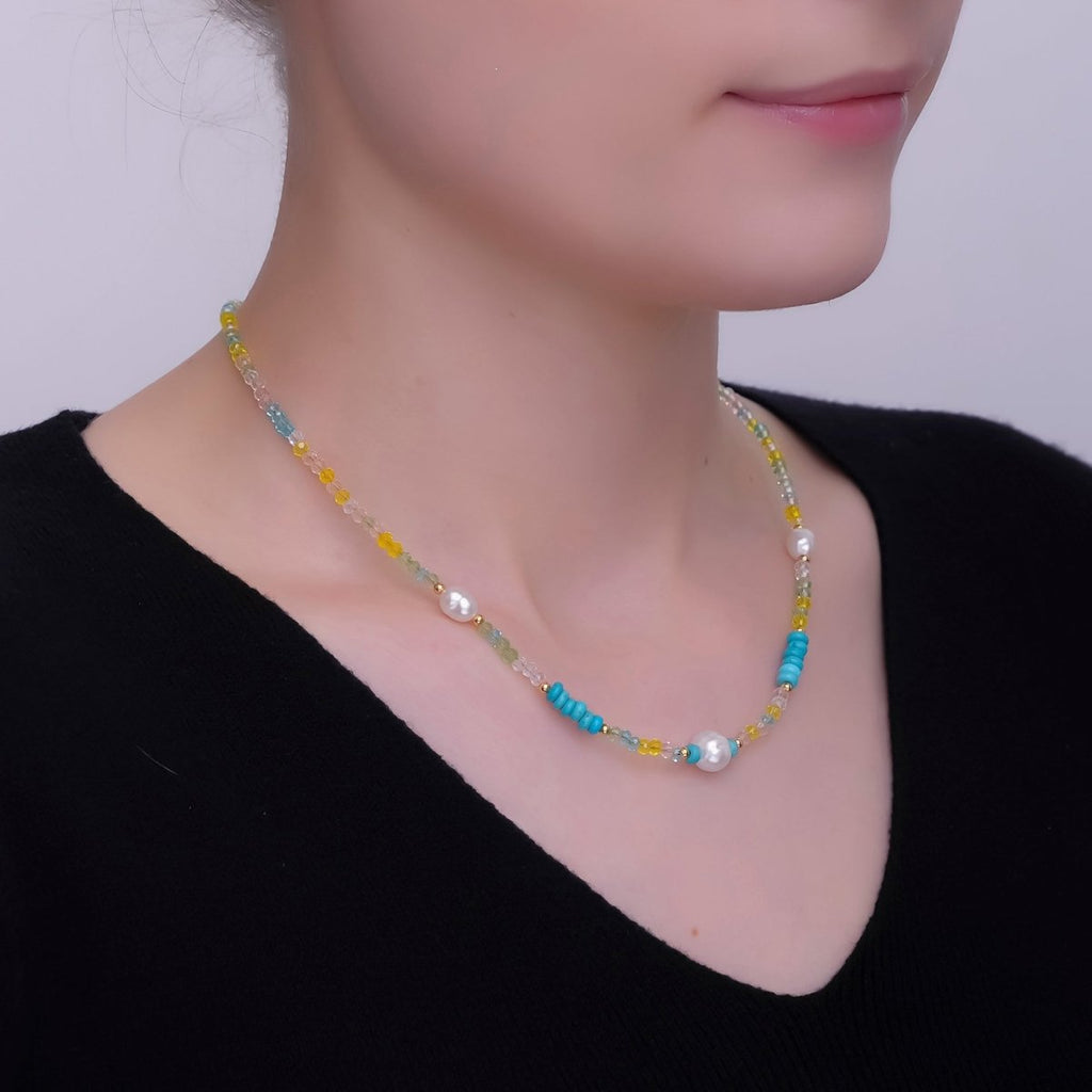 24K Gold plated Shell Pearl Multicolor Crystal Gemstone 16 Inch Necklace | WA - 2967 