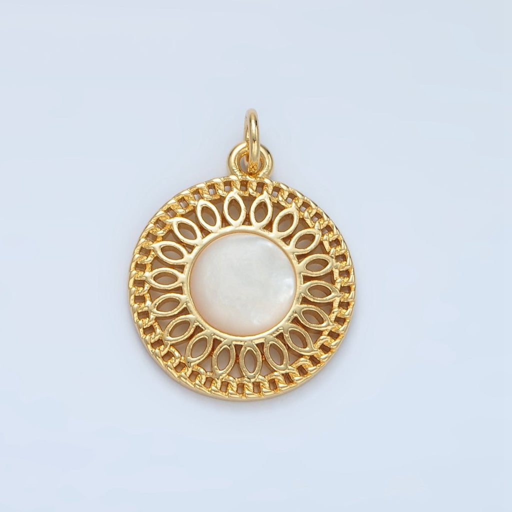 24K Gold plated Shell Pearl Open Filigree Geometric Round Charm | X303 - DLUXCA