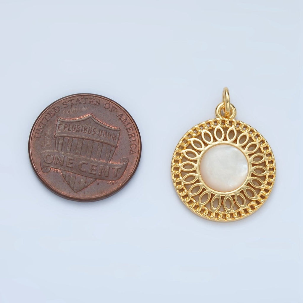 24K Gold plated Shell Pearl Open Filigree Geometric Round Charm | X303 - DLUXCA