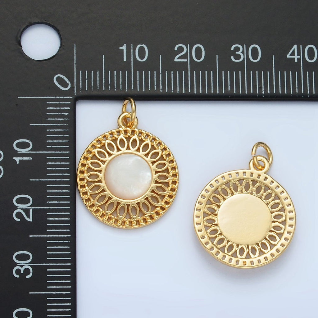 24K Gold plated Shell Pearl Open Filigree Geometric Round Charm | X303 - DLUXCA