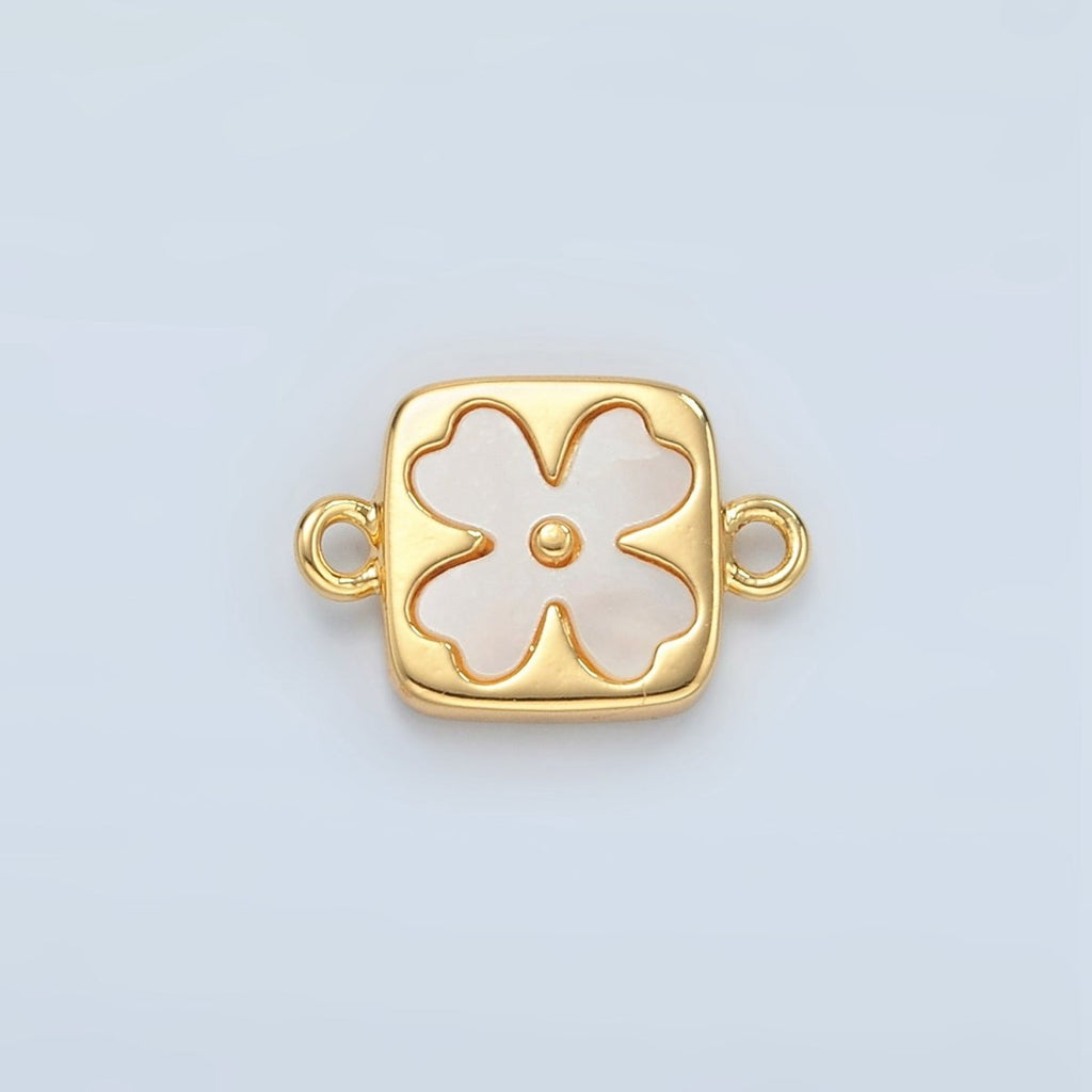24K Gold plated Shell Pearl Quatrefoil Flower Square Bezel Connector | F012 - DLUXCA