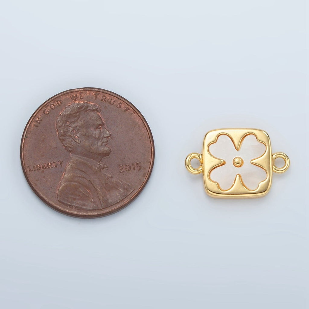 24K Gold plated Shell Pearl Quatrefoil Flower Square Bezel Connector | F012 - DLUXCA