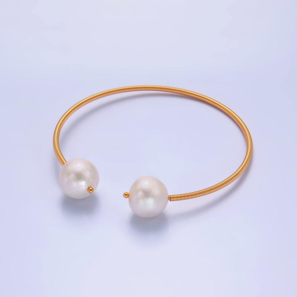 24K Gold plated Shell Pearl Ribbed Spring Cuff Bracelet | WA - 2715 