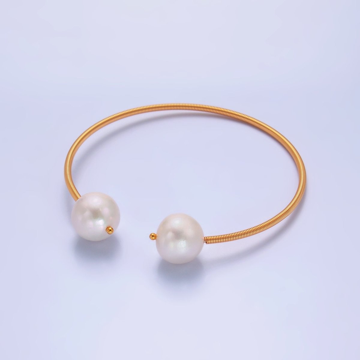 24K Gold plated Shell Pearl Ribbed Spring Cuff Bracelet | WA - 2715 