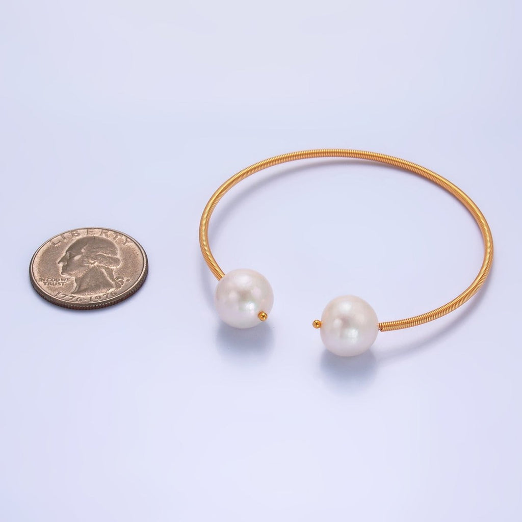 24K Gold plated Shell Pearl Ribbed Spring Cuff Bracelet | WA - 2715 