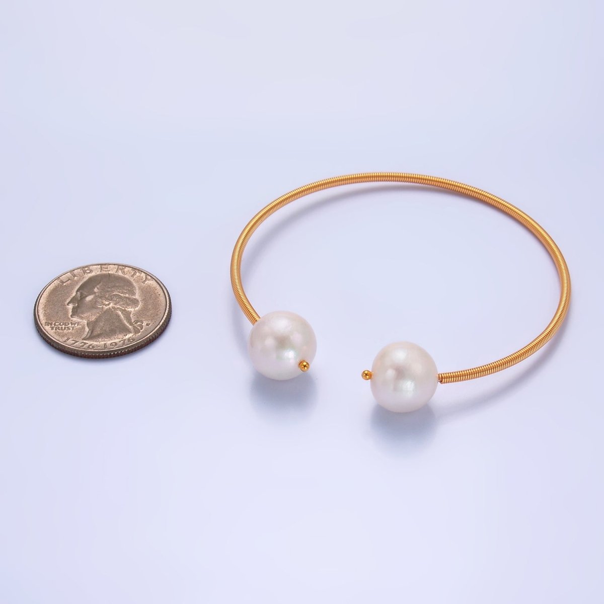 24K Gold plated Shell Pearl Ribbed Spring Cuff Bracelet | WA - 2715 