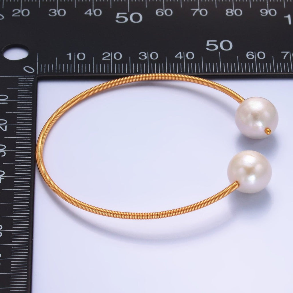 24K Gold plated Shell Pearl Ribbed Spring Cuff Bracelet | WA - 2715 