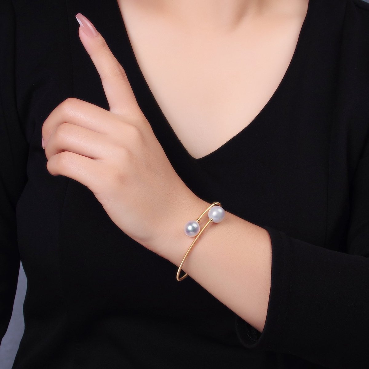 24K Gold plated Shell Pearl Ribbed Spring Wrap Cuff Bracelet | WA - 2716 