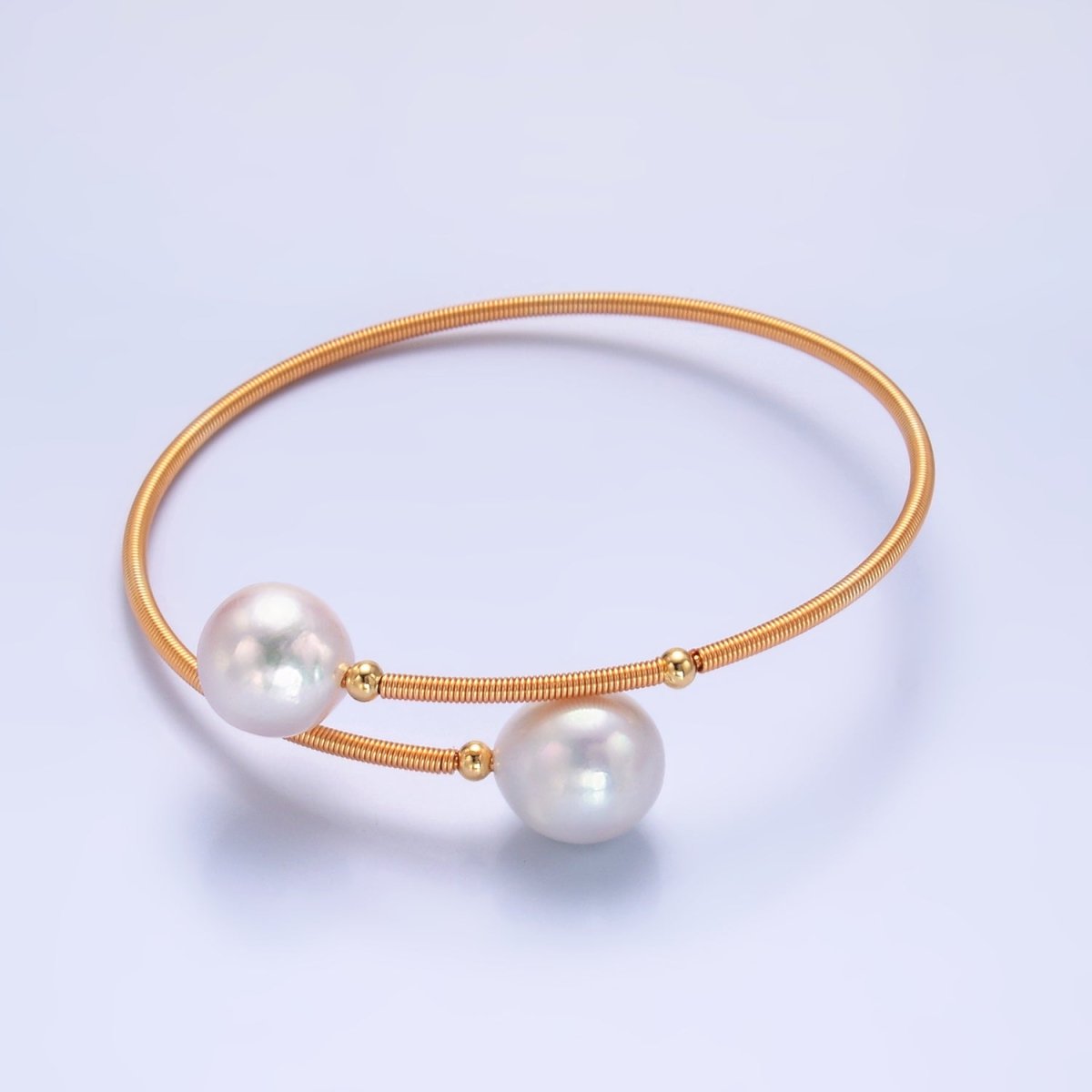 24K Gold plated Shell Pearl Ribbed Spring Wrap Cuff Bracelet | WA - 2716 