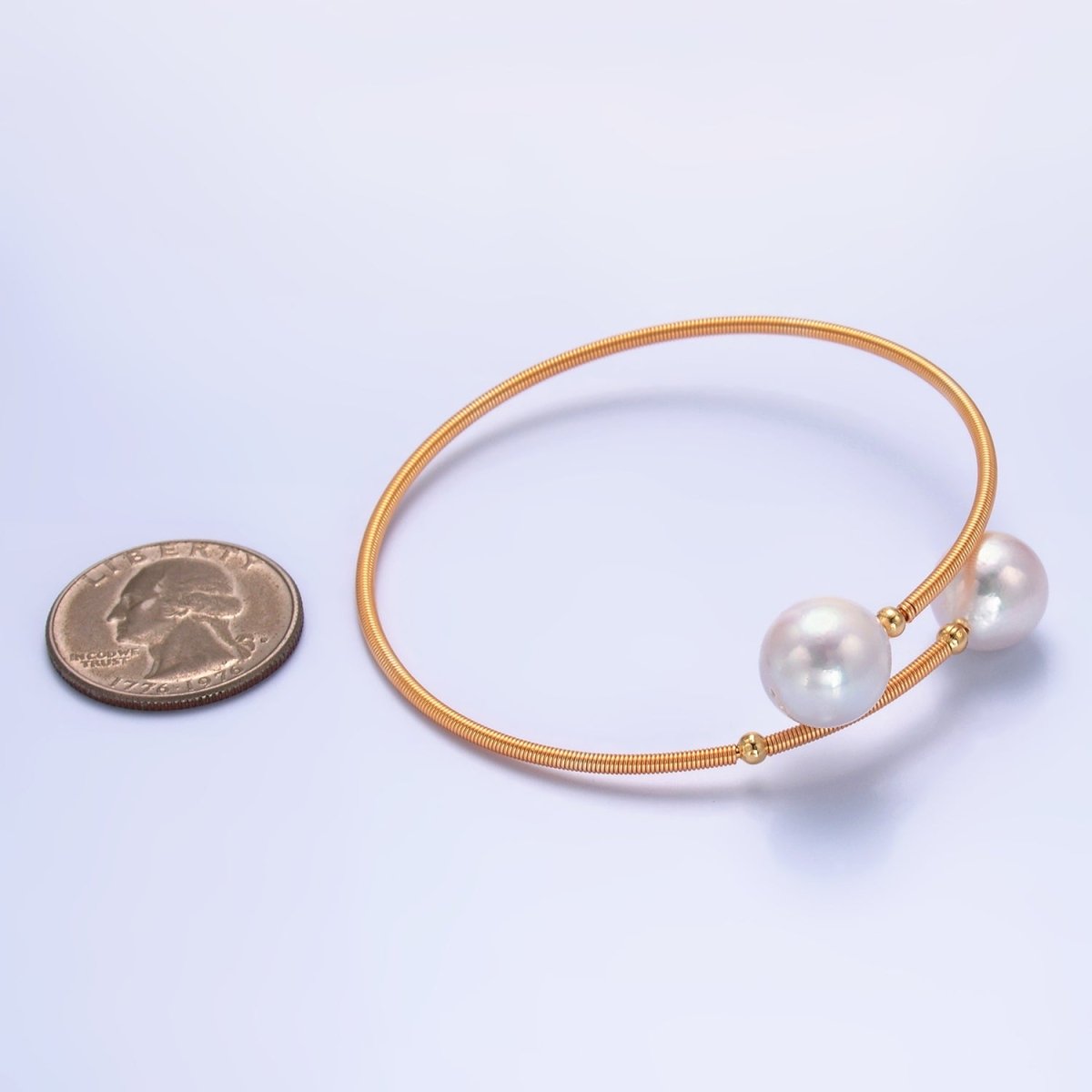 24K Gold plated Shell Pearl Ribbed Spring Wrap Cuff Bracelet | WA - 2716 