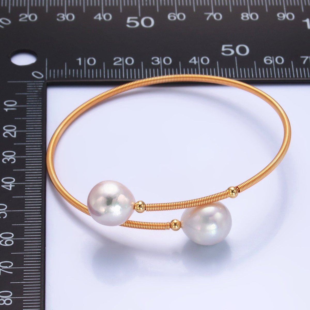 24K Gold plated Shell Pearl Ribbed Spring Wrap Cuff Bracelet | WA - 2716 