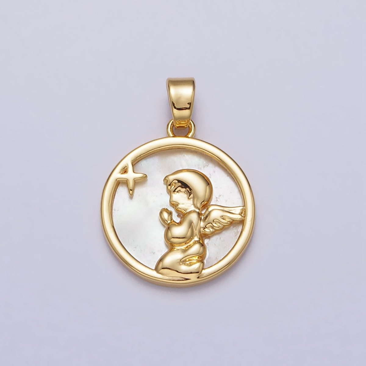 24K Gold plated Shell Pearl Star Cherub Baby Angel Round Pendant | AA112 - DLUXCA